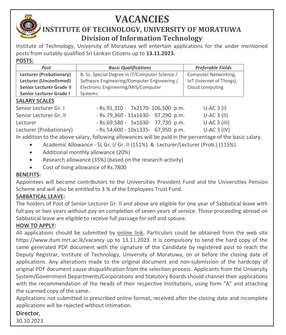 Senior Lecturer, Lecturer - University of Moratuwa