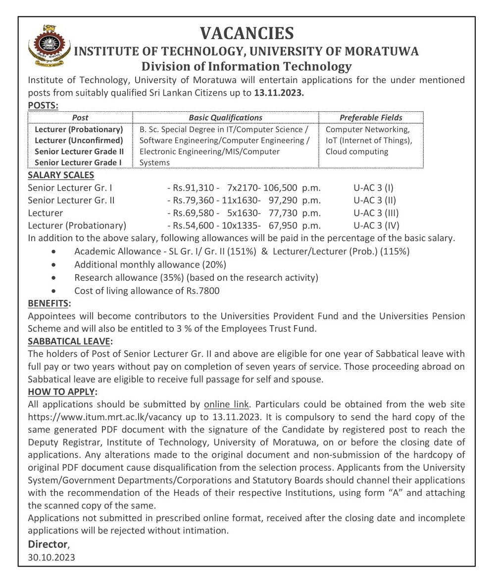 Senior Lecturer, Lecturer - University of Moratuwa