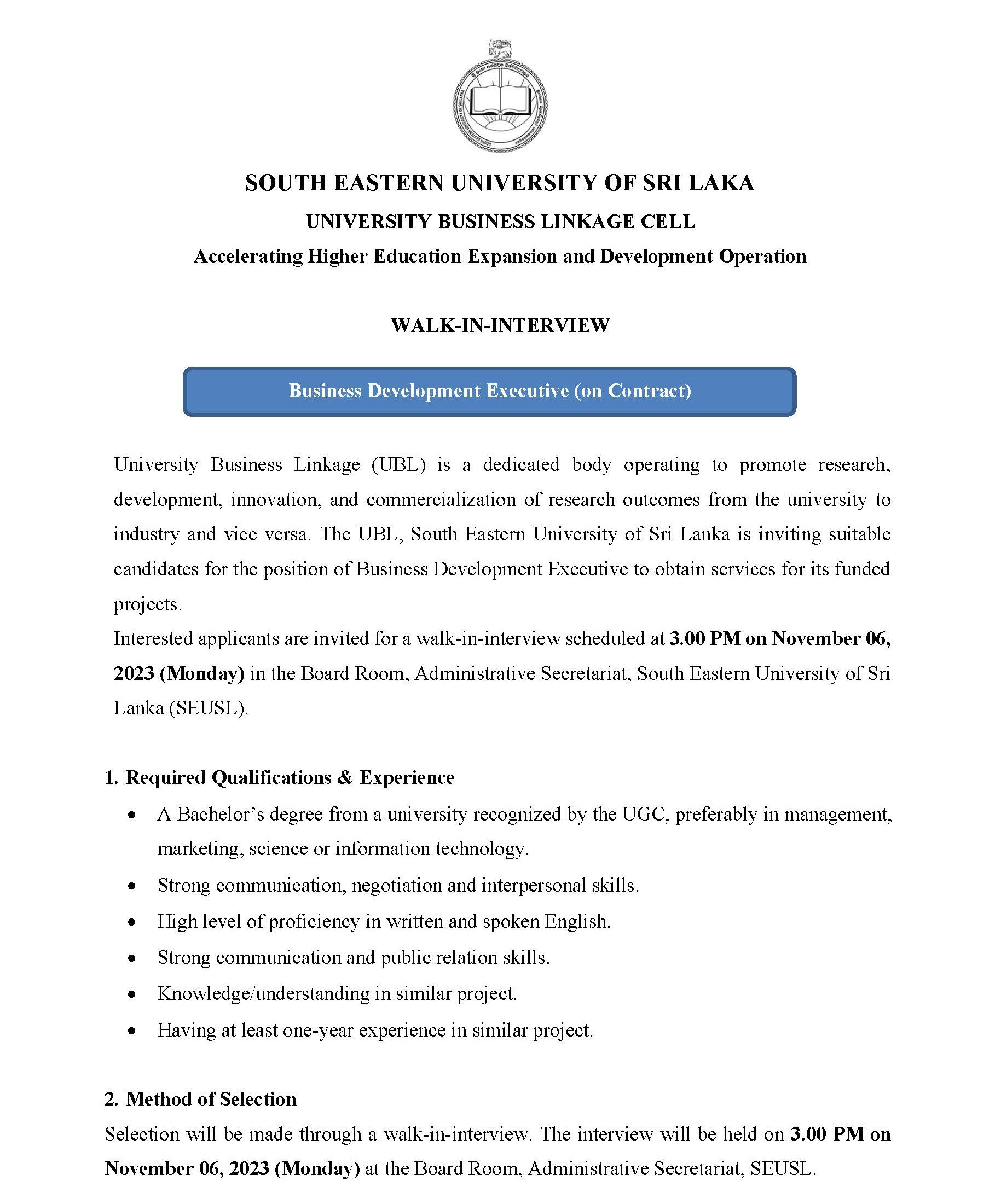 Business Development Executive - South Eastern University