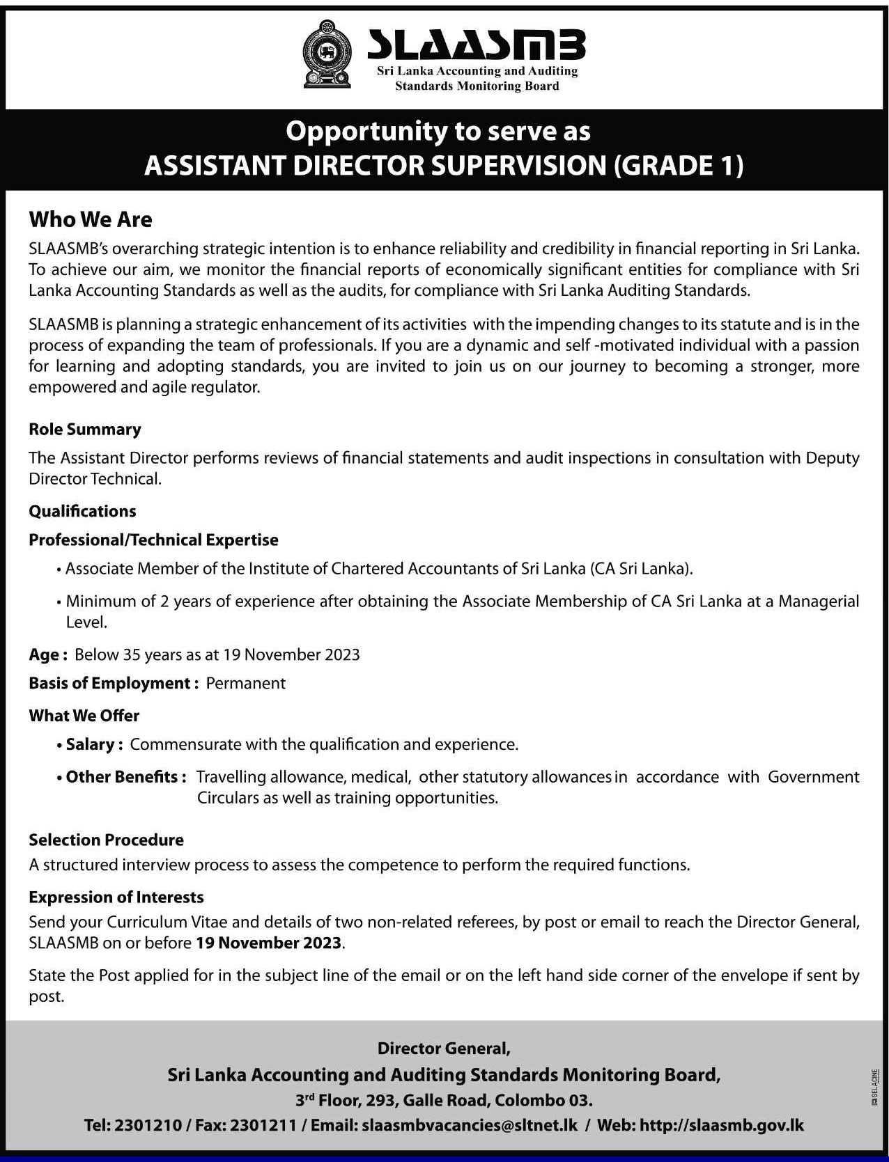 Assistant Director (Supervision) - Sri Lanka Accounting & Auditing Standard Monitoring Board