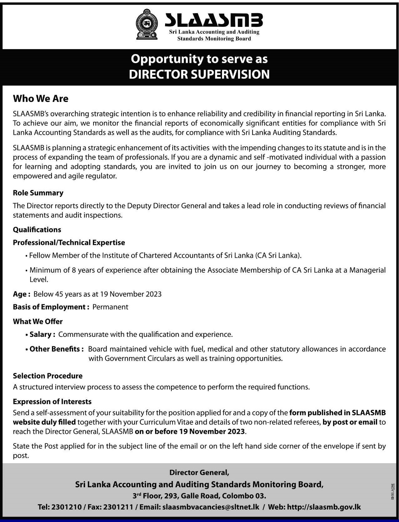 Director (Supervision) - Sri Lanka Accounting & Auditing Standard Monitoring Board