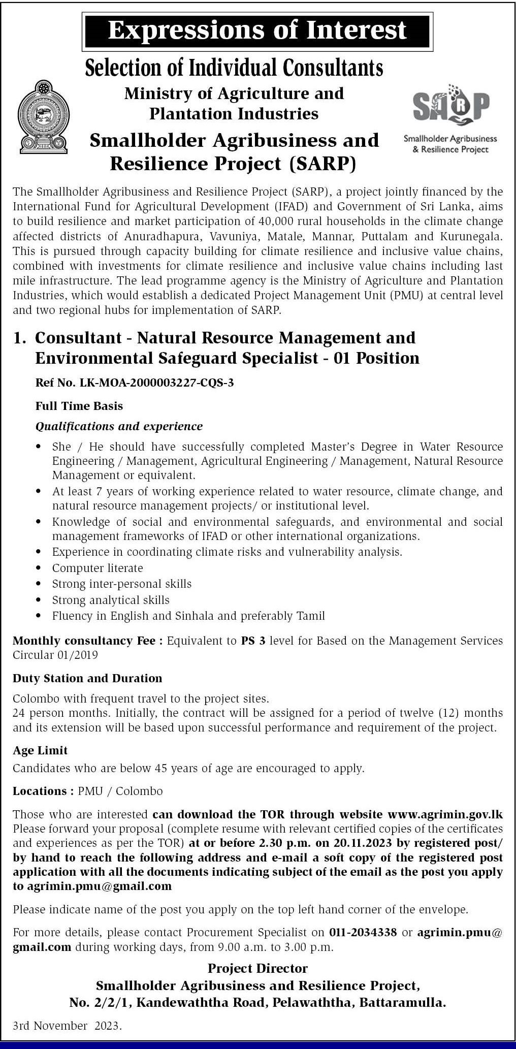 Consultant - Smallholder Agribusiness & Resilience Project - Ministry of Agriculture