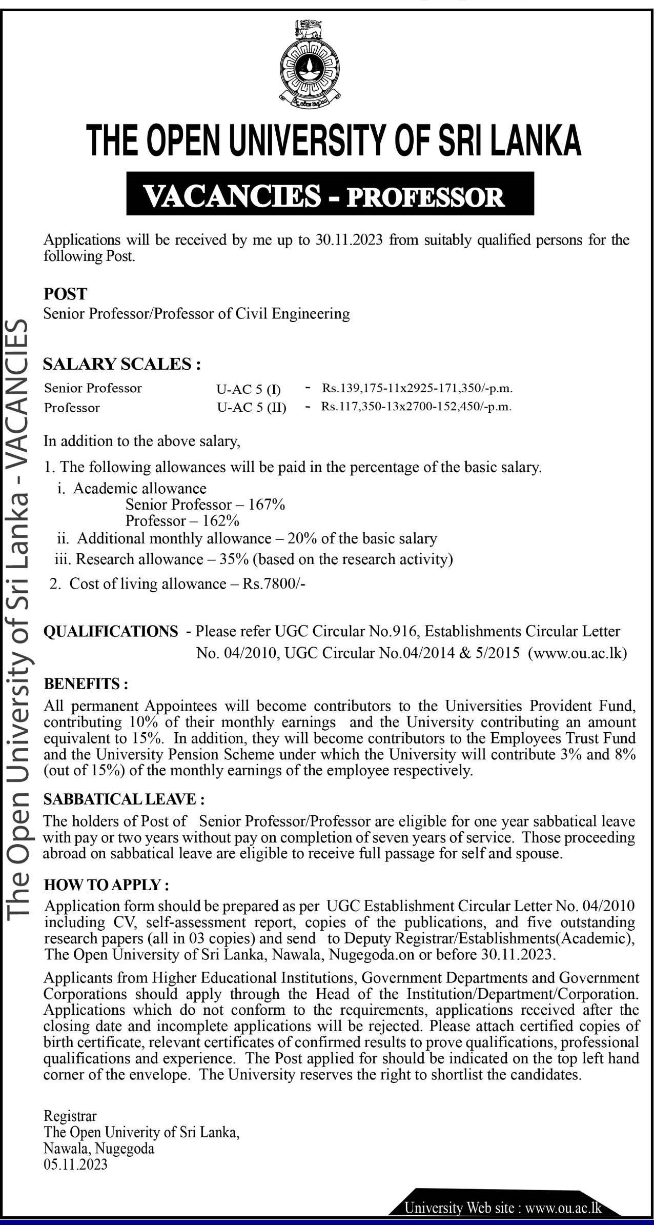 Senior Professor, Professor - The Open University of Sri Lanka