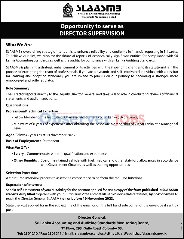 Director (Supervision) - Sri Lanka Accounting & Auditing Standards Monitoring Board