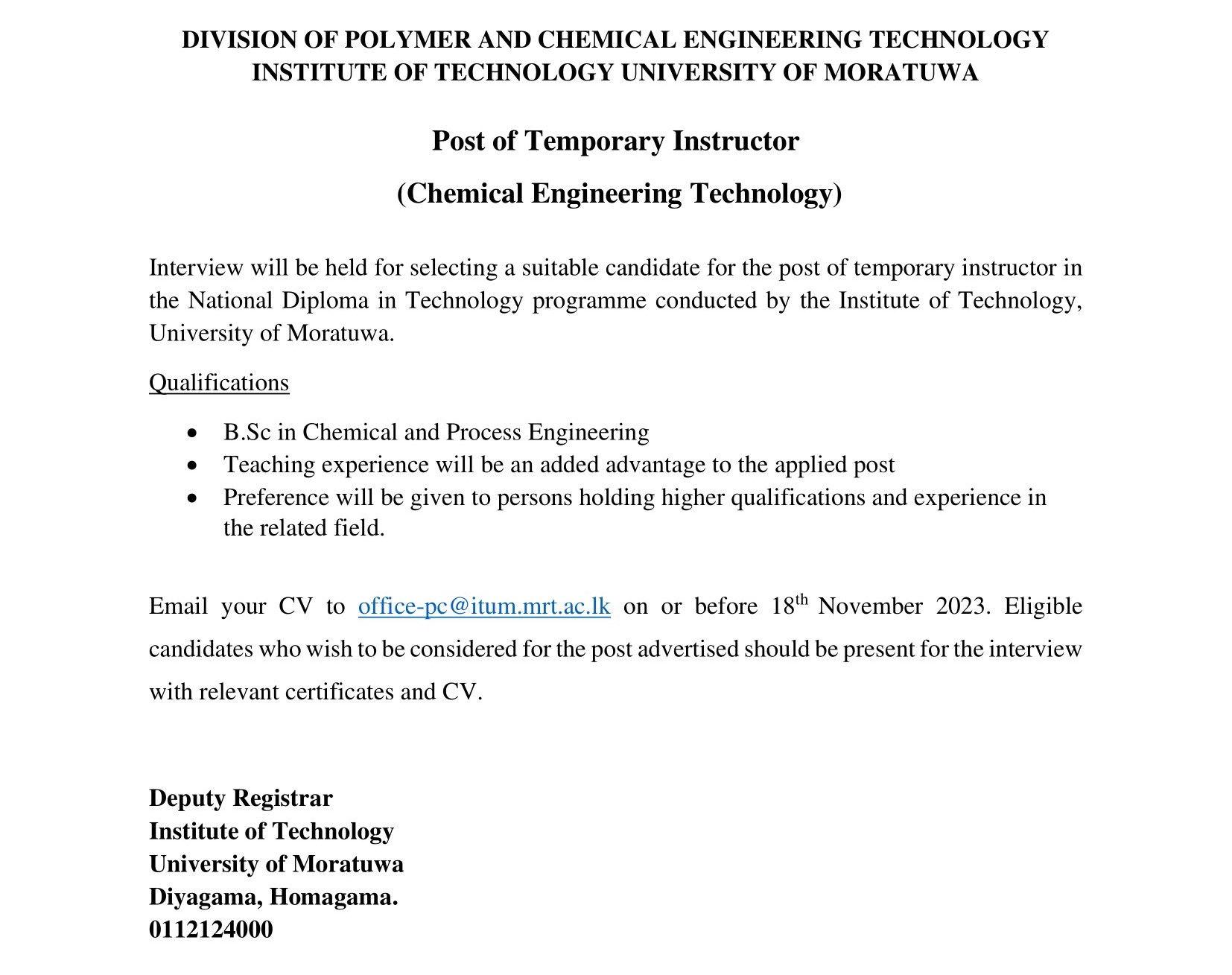 Temporary Instructor - Institute of Technology - University of Moratuwa