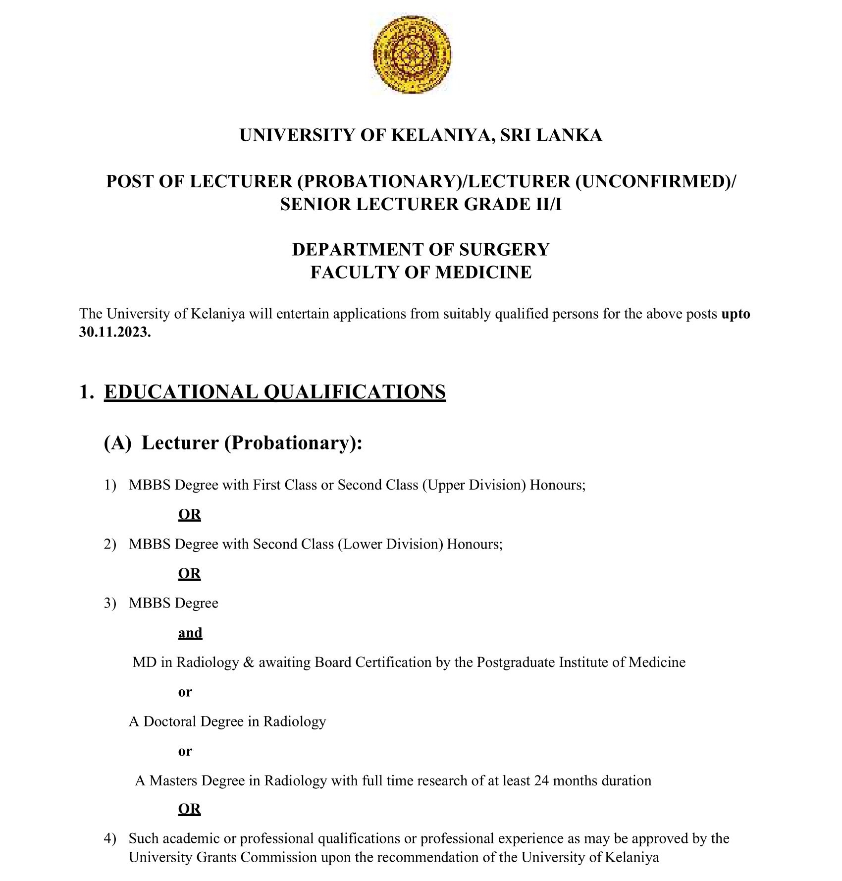 Lecturer, Senior Lecturer - University of Kelaniya