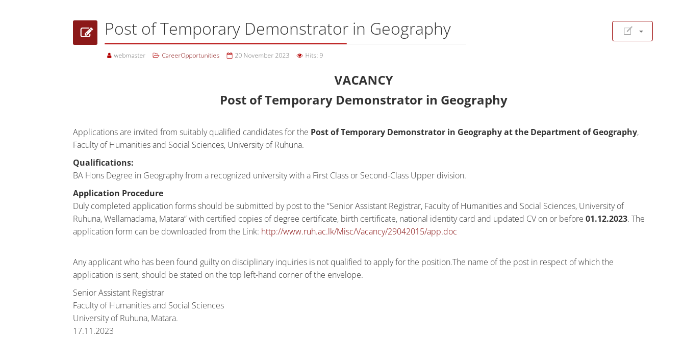 Temporary Demonstrator - University of Ruhuna