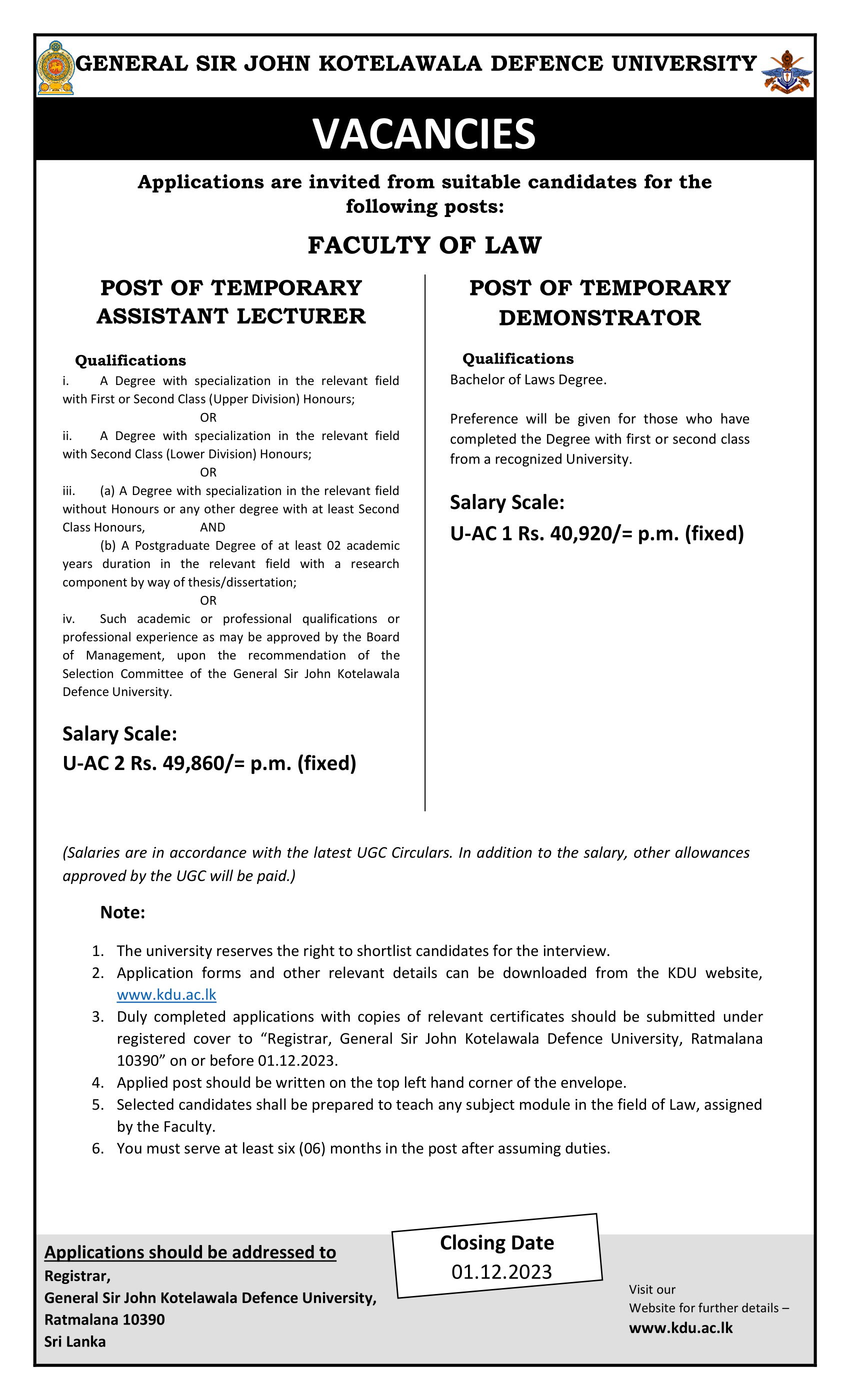 Temporary Assistant Lecturer, Temporary Demonstrator - General Sir John Kotelawala Defence University