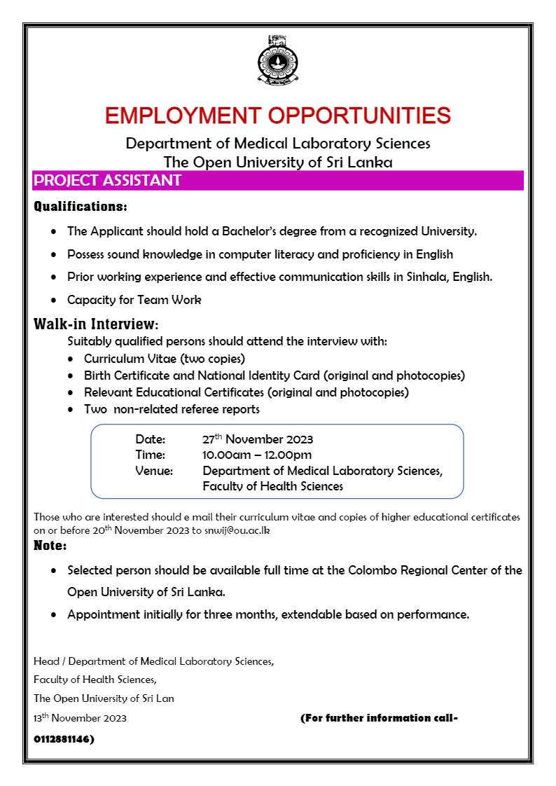 Project Assistant, Programme Coordinator - The Open University of Sri Lanka