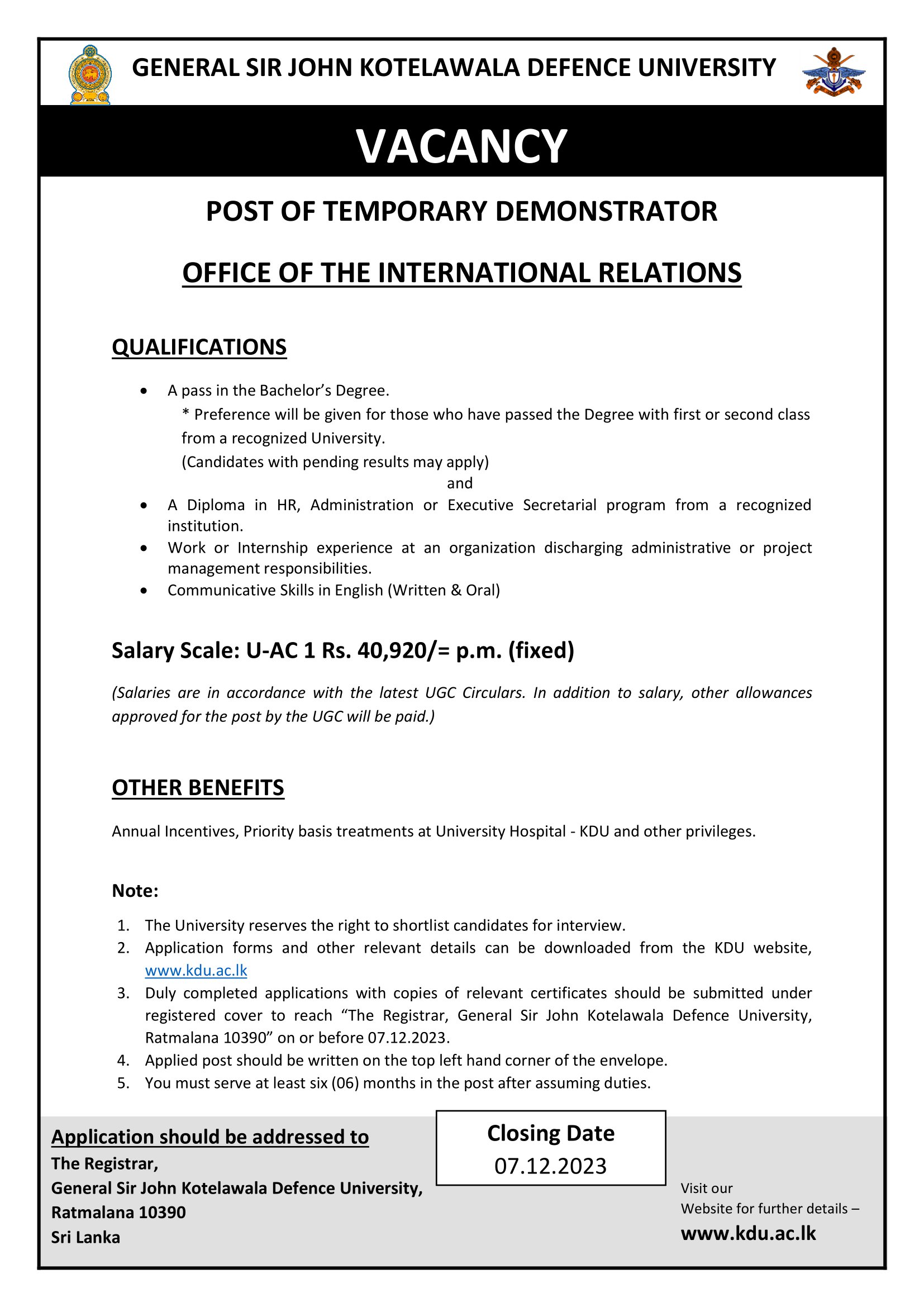 Temporary Demonstrator - General Sir john Kotelawala Defence University