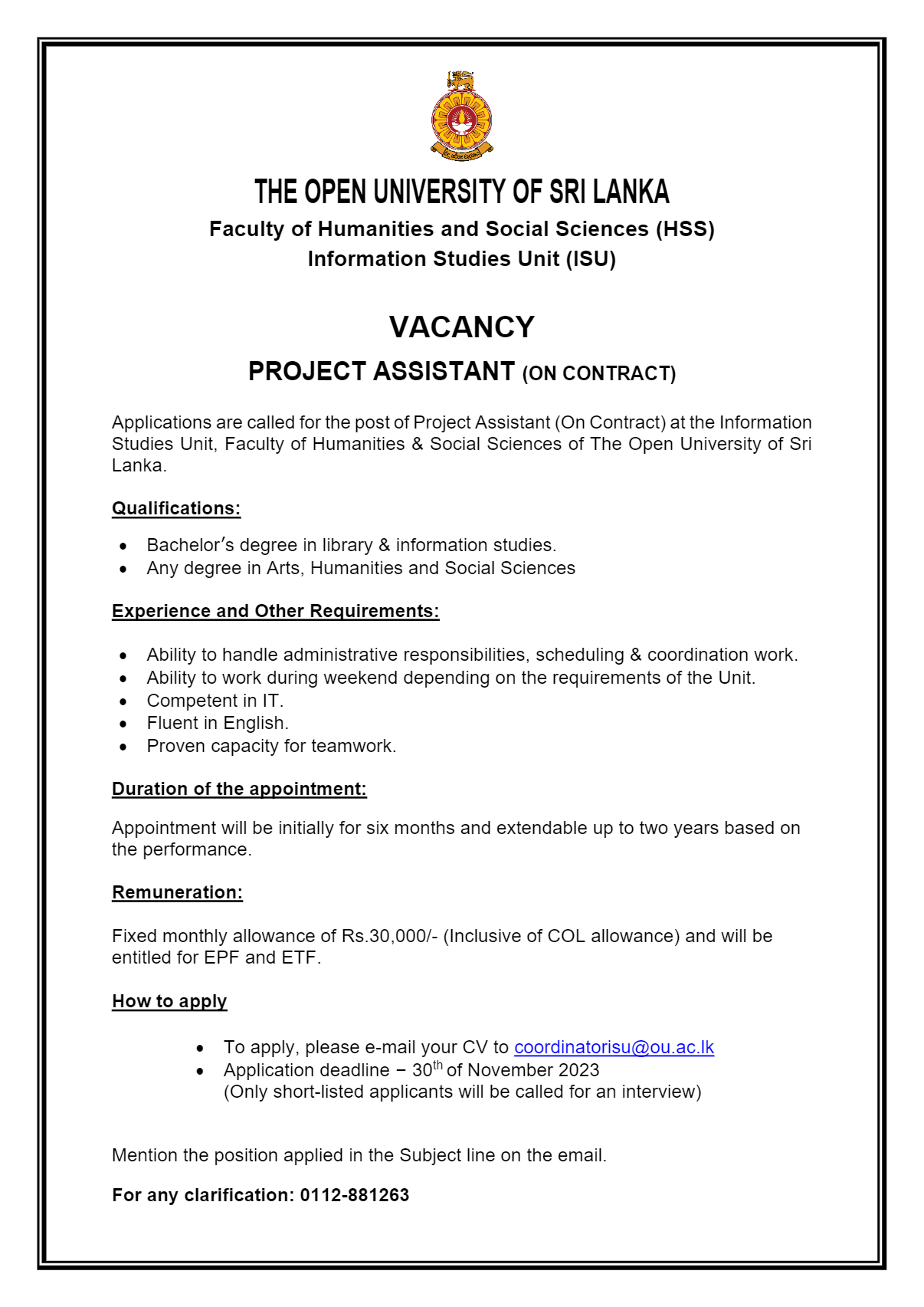 Project Assistant - The Open University of Sri Lanka