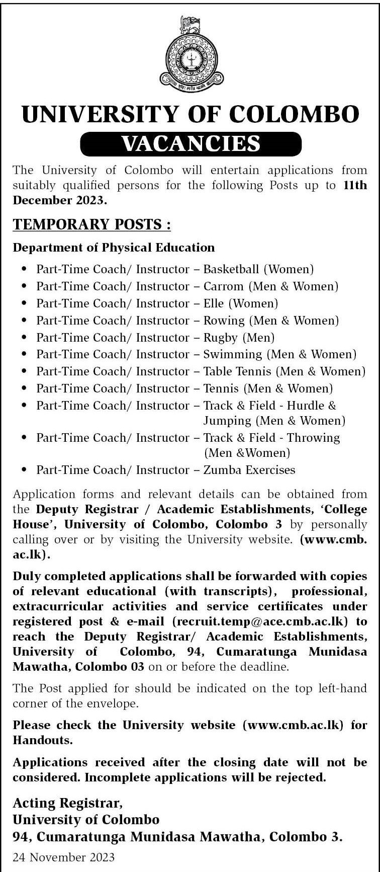 Coach, Instructor - University of Colombo