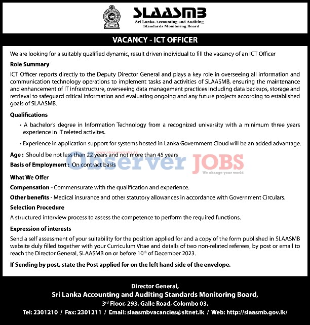 ICT Officer - Sri Lanka Accounting & Auditing Standards Monitoring Board