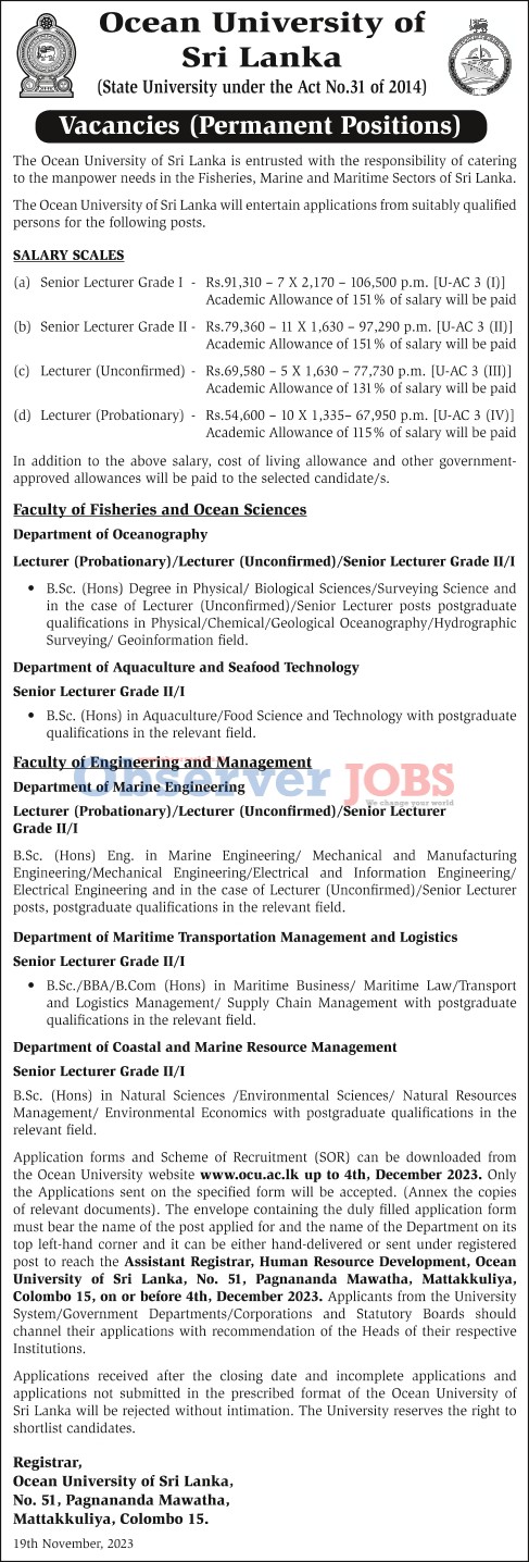 Senior Lecturer, Lecturer - Ocean University of Sri Lanka