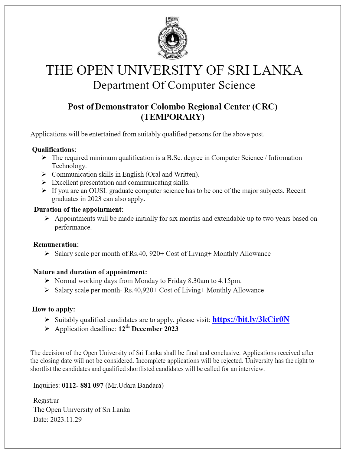 Demonstrator (Temporary) - The Open University of Sri Lanka 