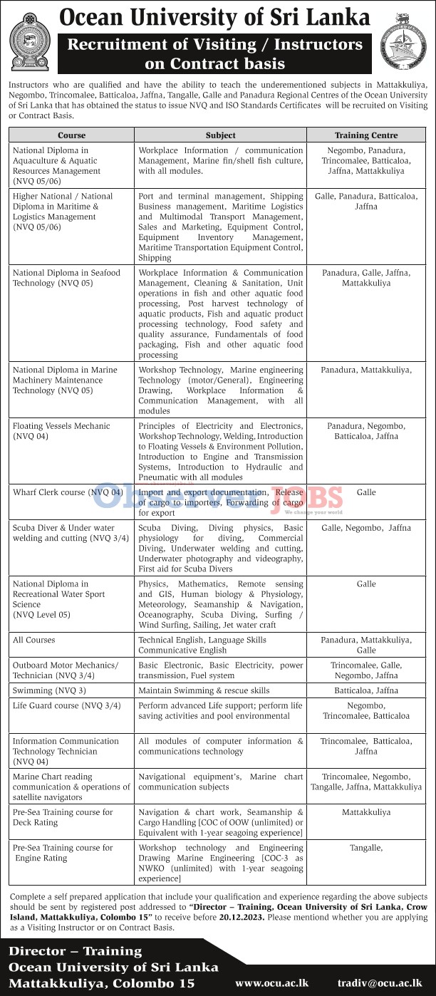 Recruitment of Visiting/Instructors on Contract basis - Ocean University of Sri Lanka