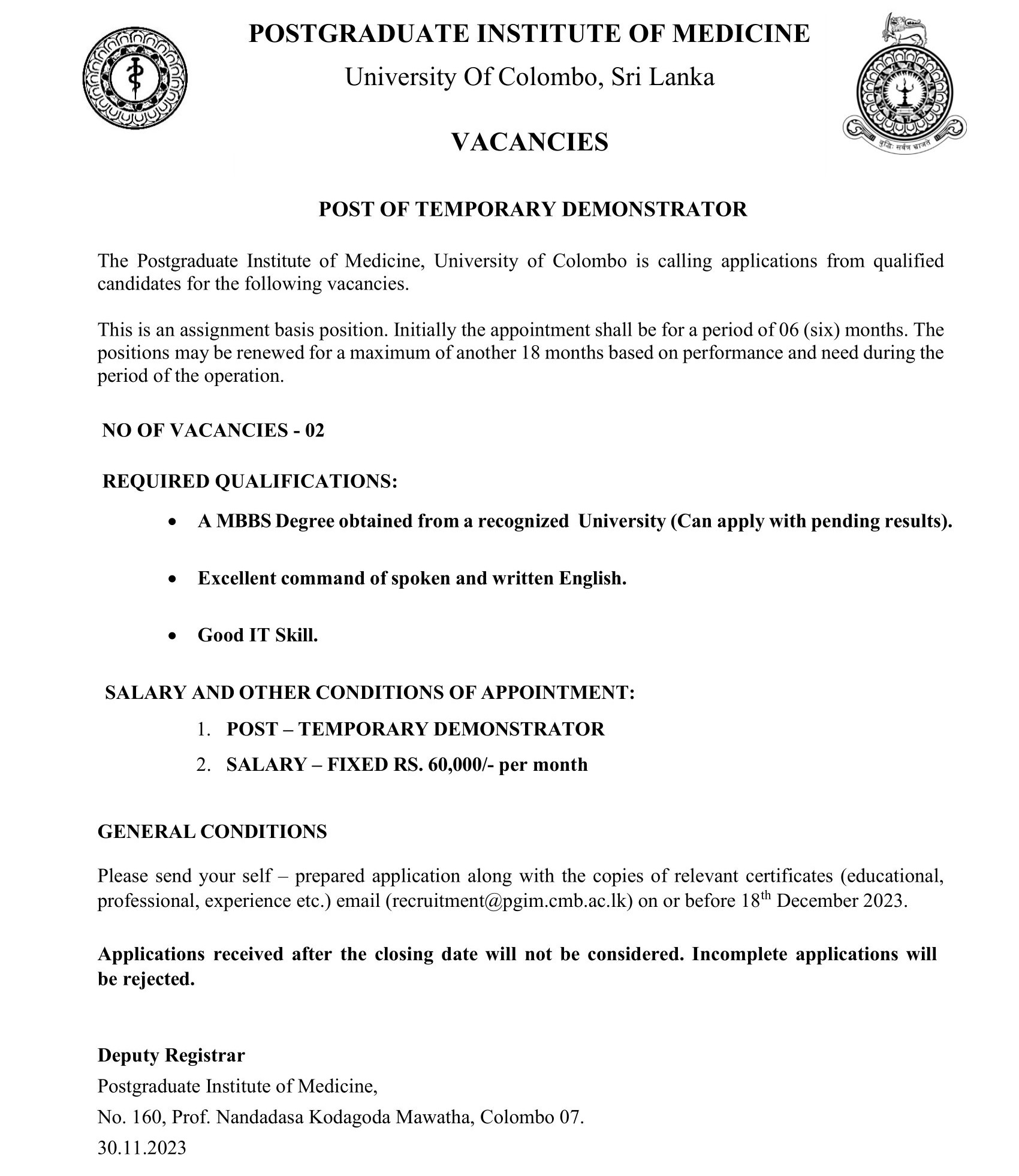 Temporary Demonstrator - Postgraduate Institute of Medicine - University of Colombo