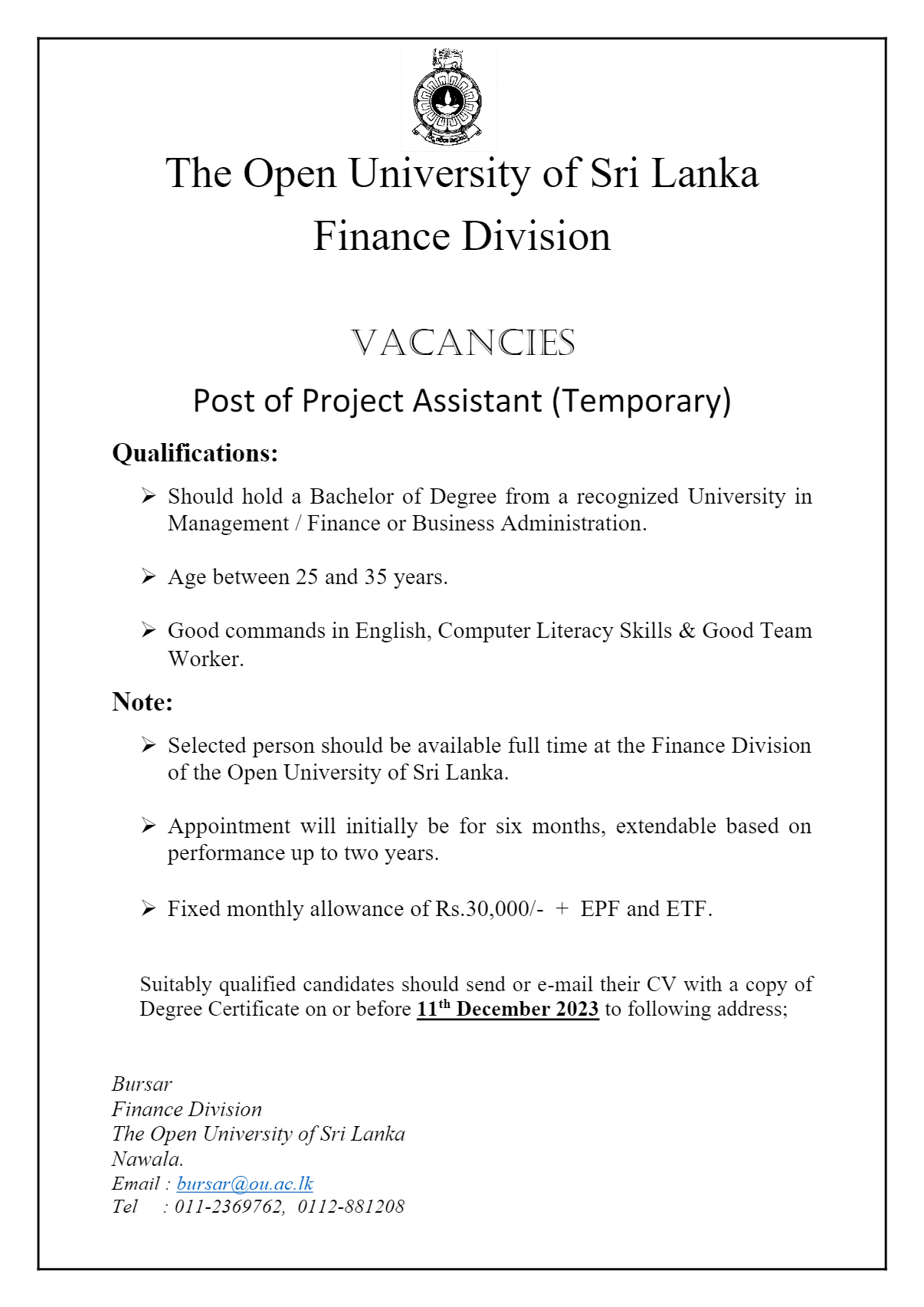 Project Assistant (Temporary) - The Open University of Sri Lanka