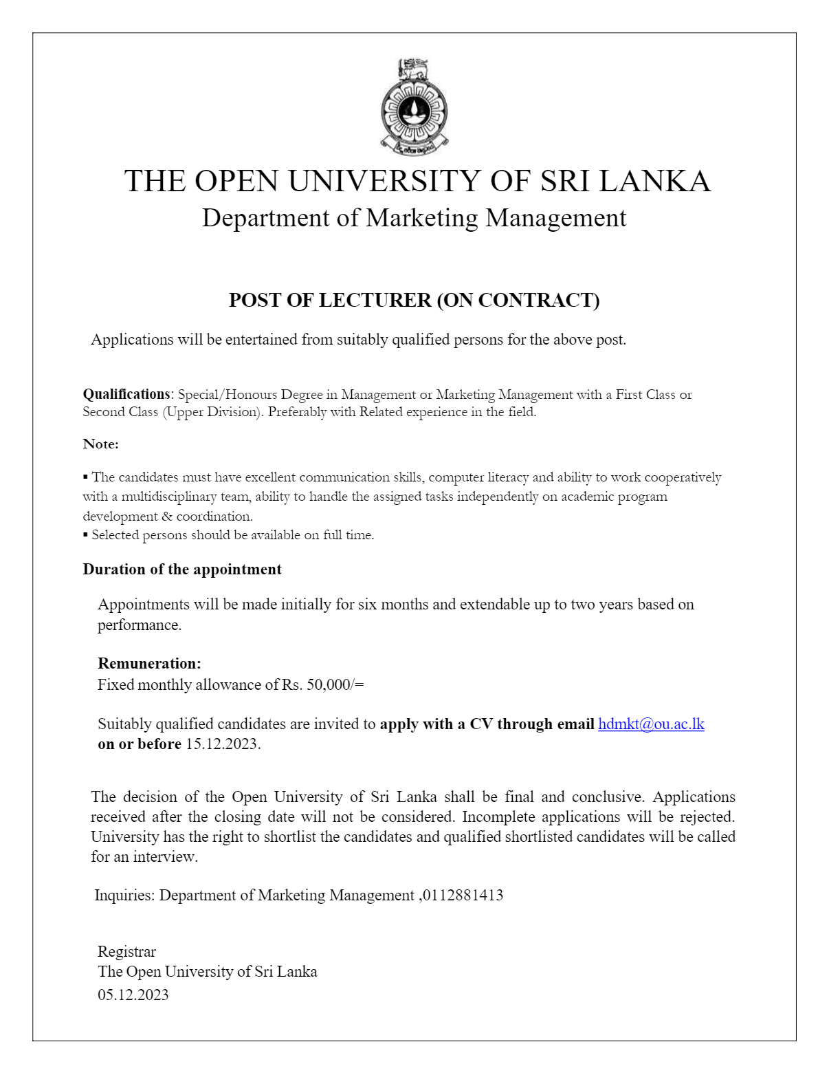 Lecturer - The Open University of Sri Lanka