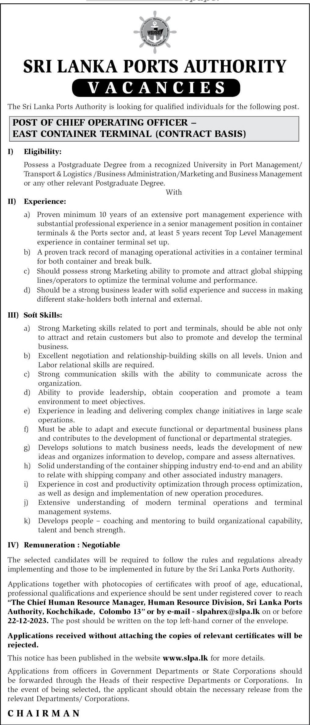 Chief Operating Officer - Sri Lanka Ports Authority