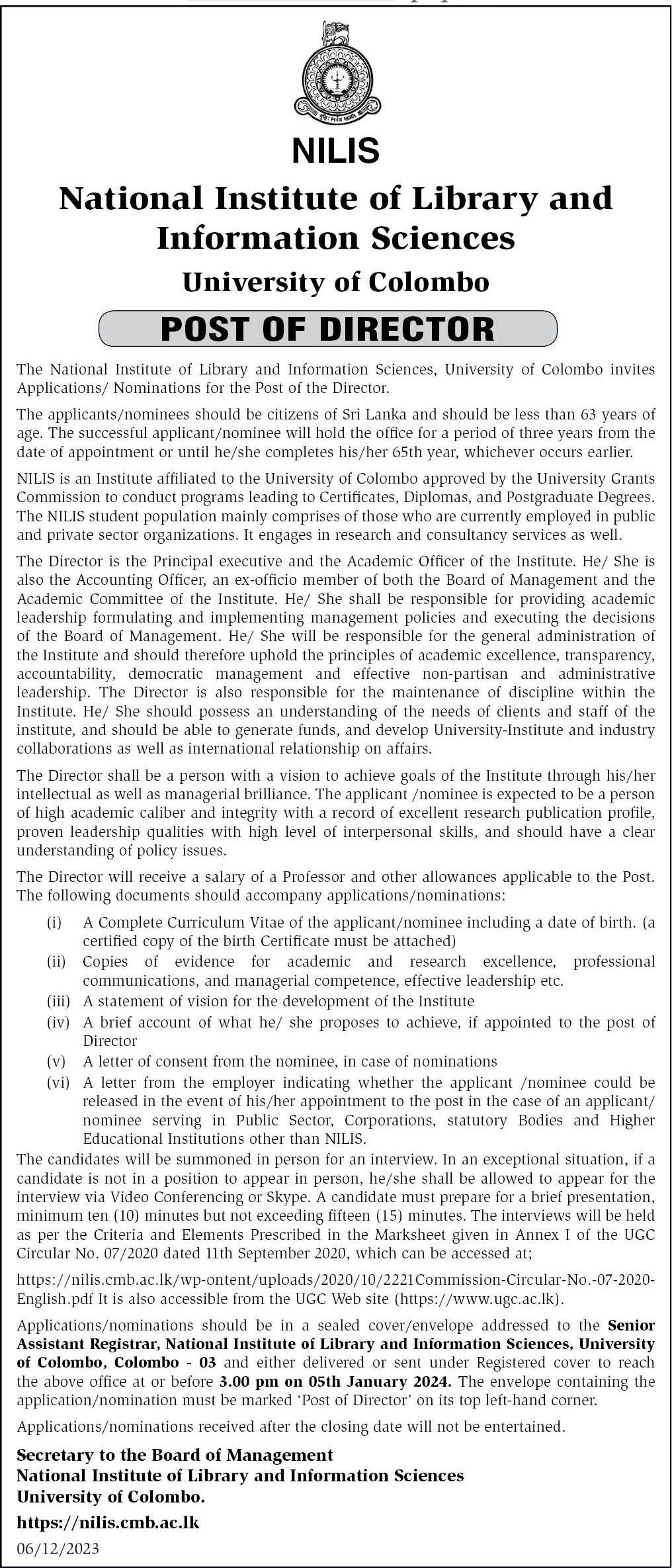 Director - National Institute of Library and information Sciences - University of Colombo