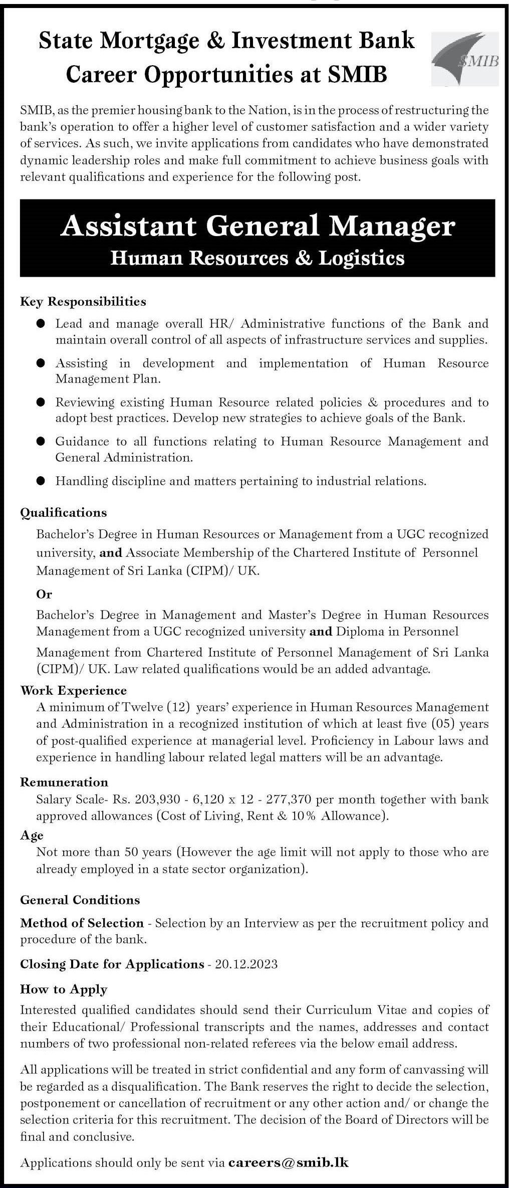 Assistant General Manager (Human Resources & Logistics) - State Mortgage & Investment Bank