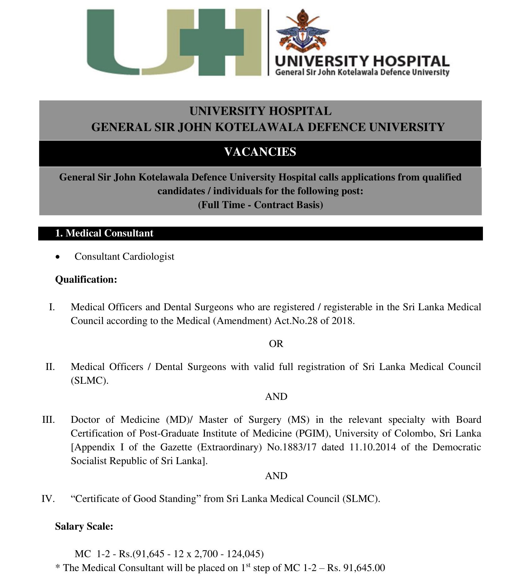 Medical Consultant - University Hospital - General Sir John Kotelawala Defence University