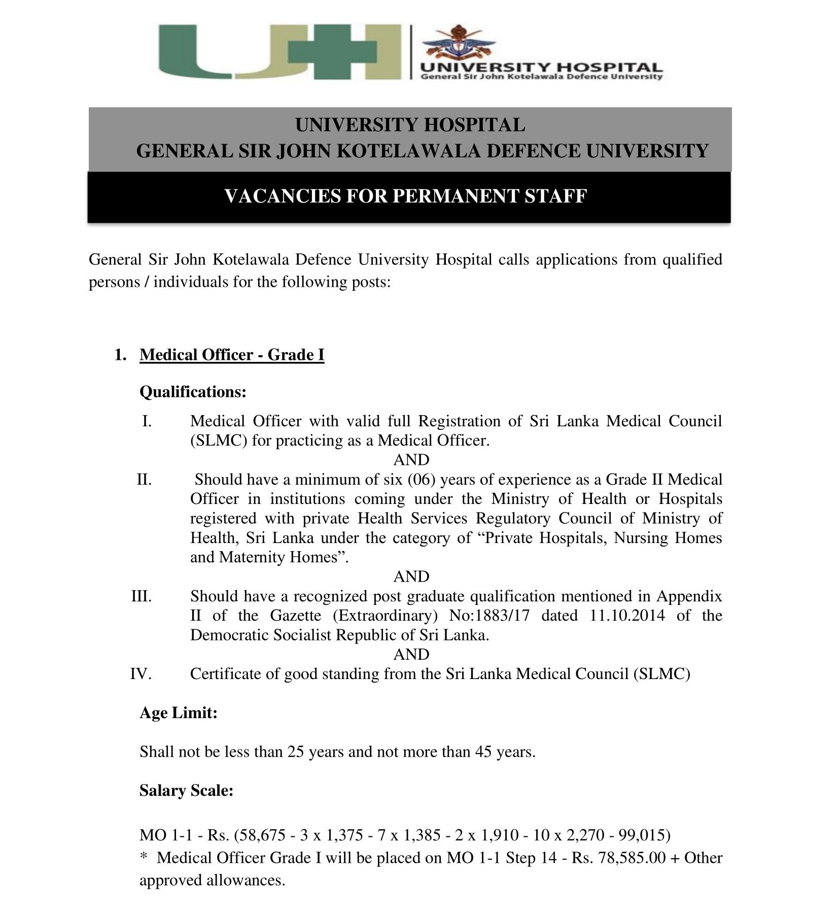 Medical Officer, Radiographer, Audiology Technician, Technician, Driver - University Hospital - General Sir John Kotelawala Defence University  