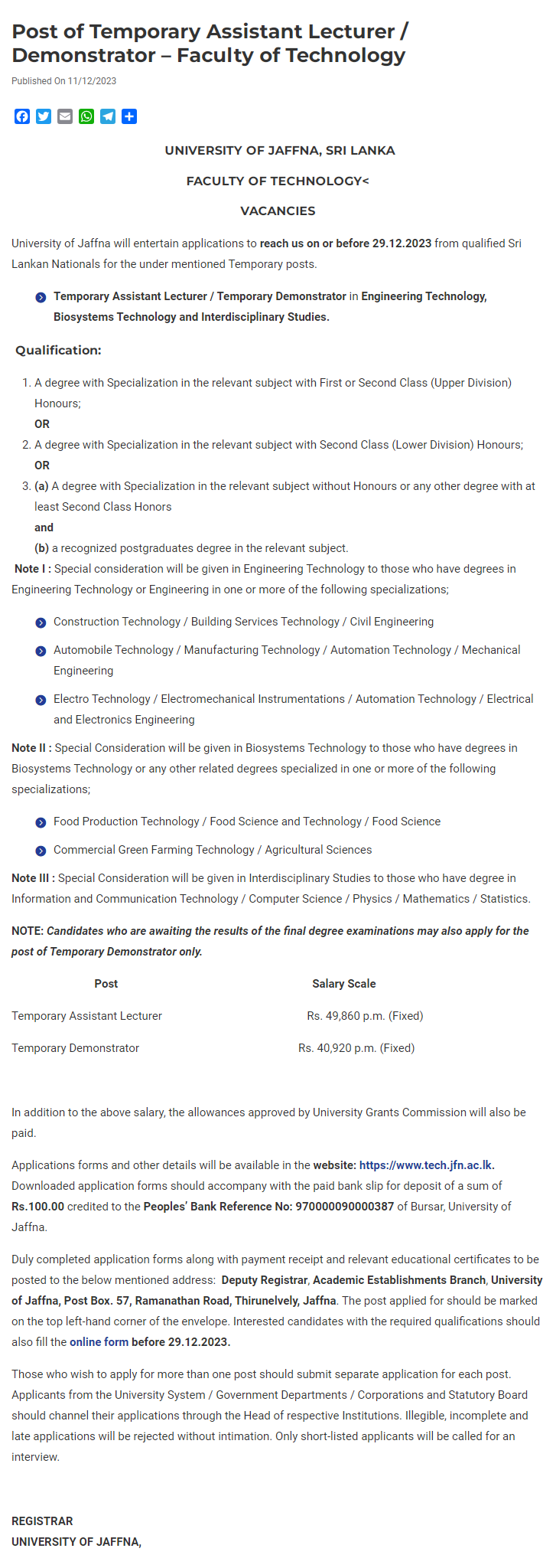 Temporary Assistant Lecturer - University of Jaffna