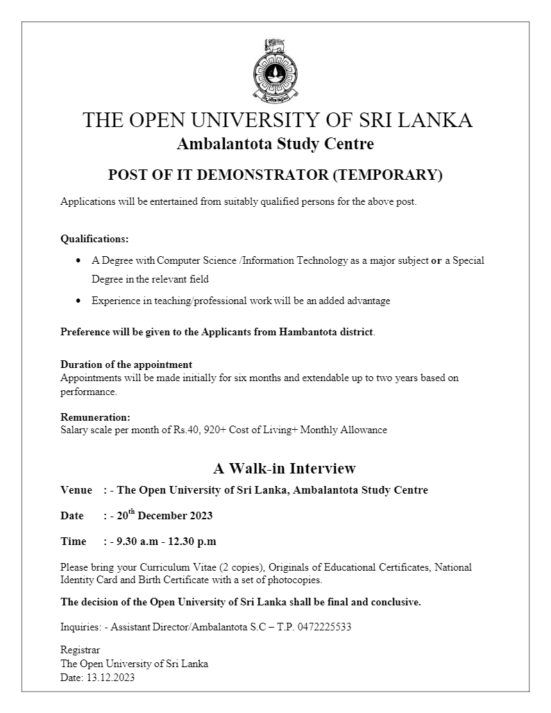 IT Demonstrator (Temporary) - The Open University of Sri Lanka