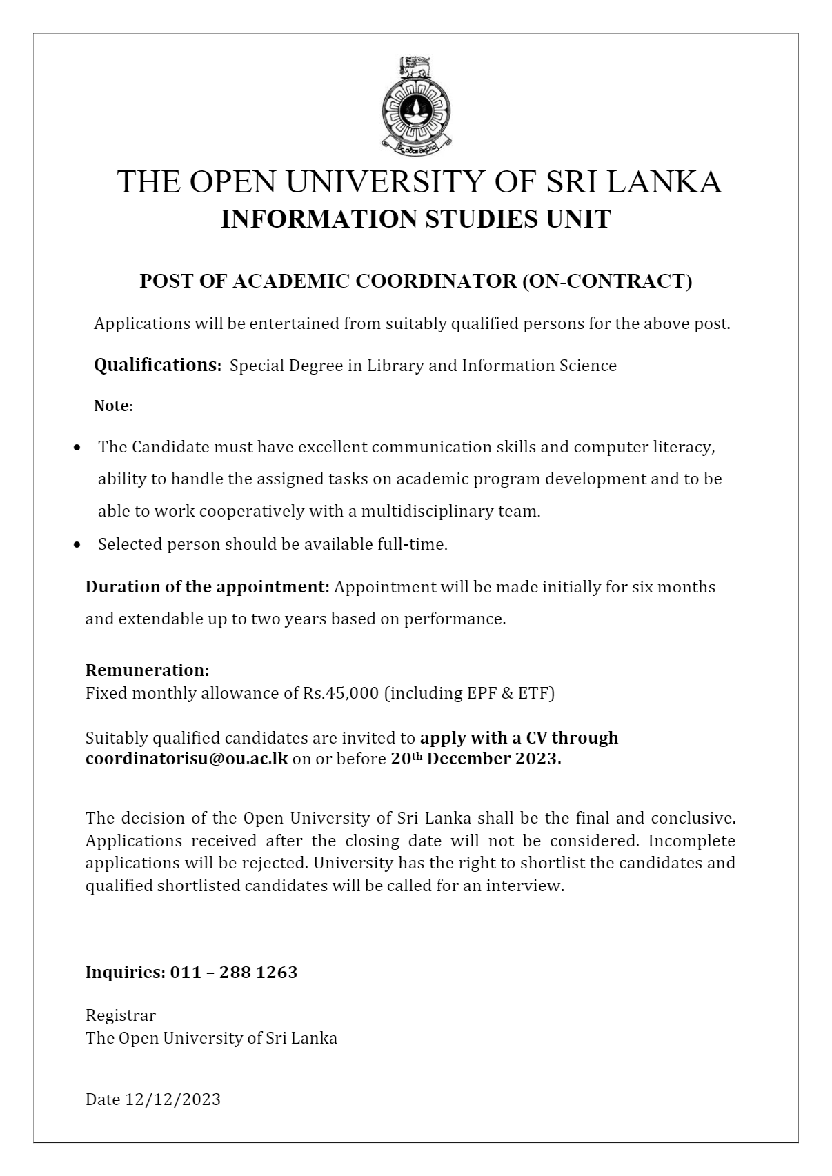 Academic Coordinator - The Open University of Sri Lanka