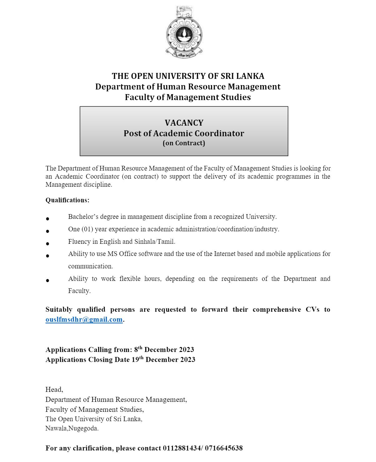 Academic Coordinator - The Open University of Sri Lanka