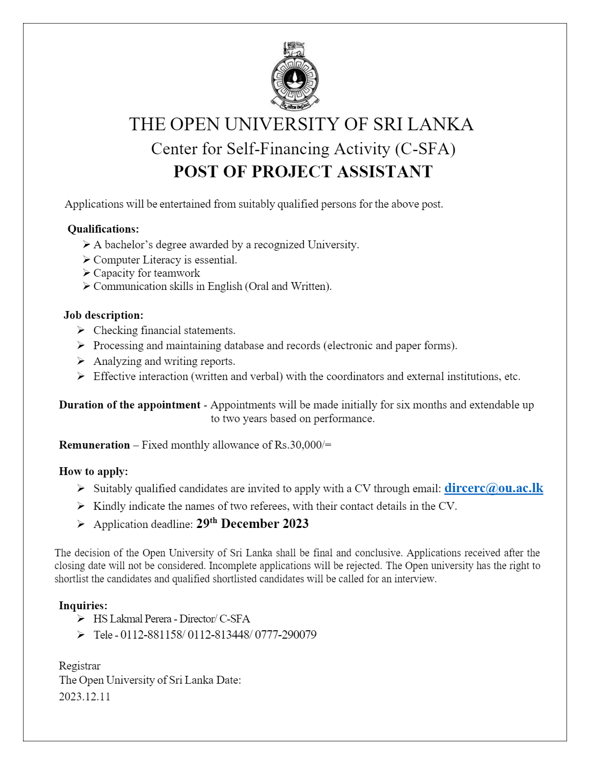 Project Assistant - The Open University of Sri Lanka