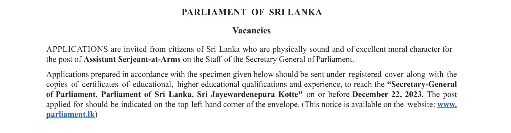 Assistant Serjeant-at-Arms - Parliament of Sri Lanka