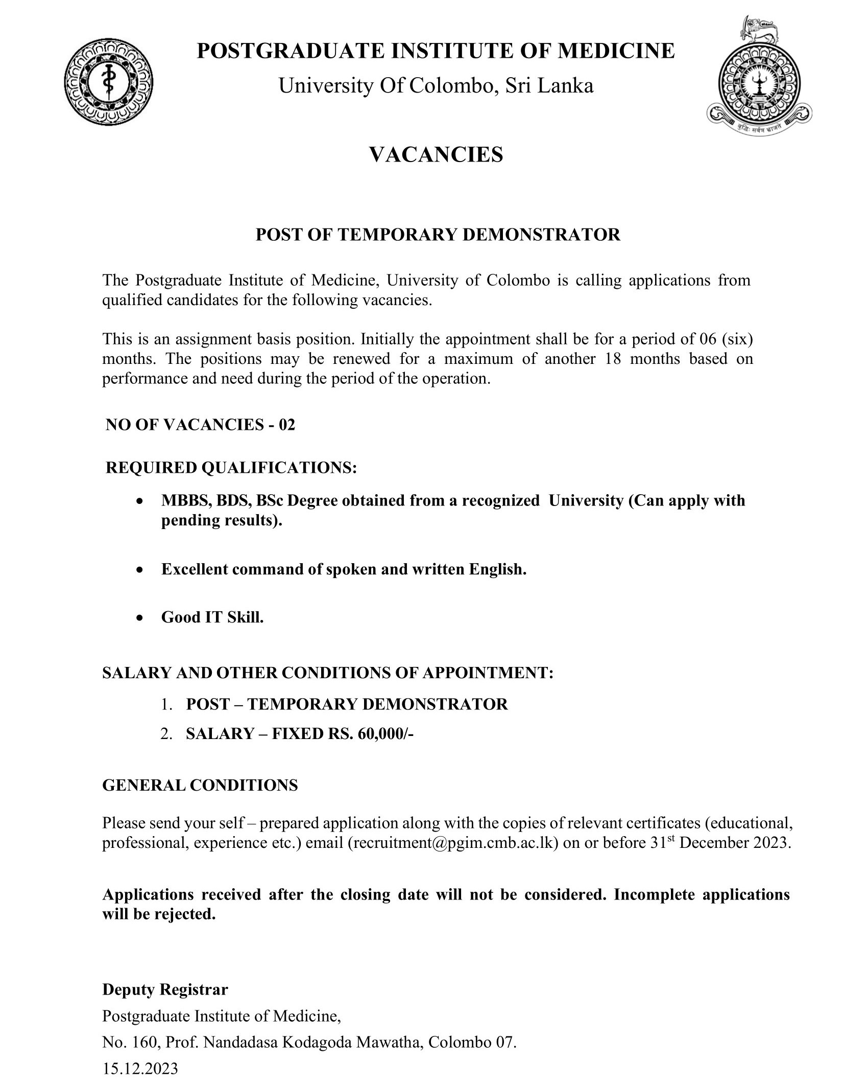 Temporary Demonstrator - Postgraduate Institute of Medicine - University of Colombo