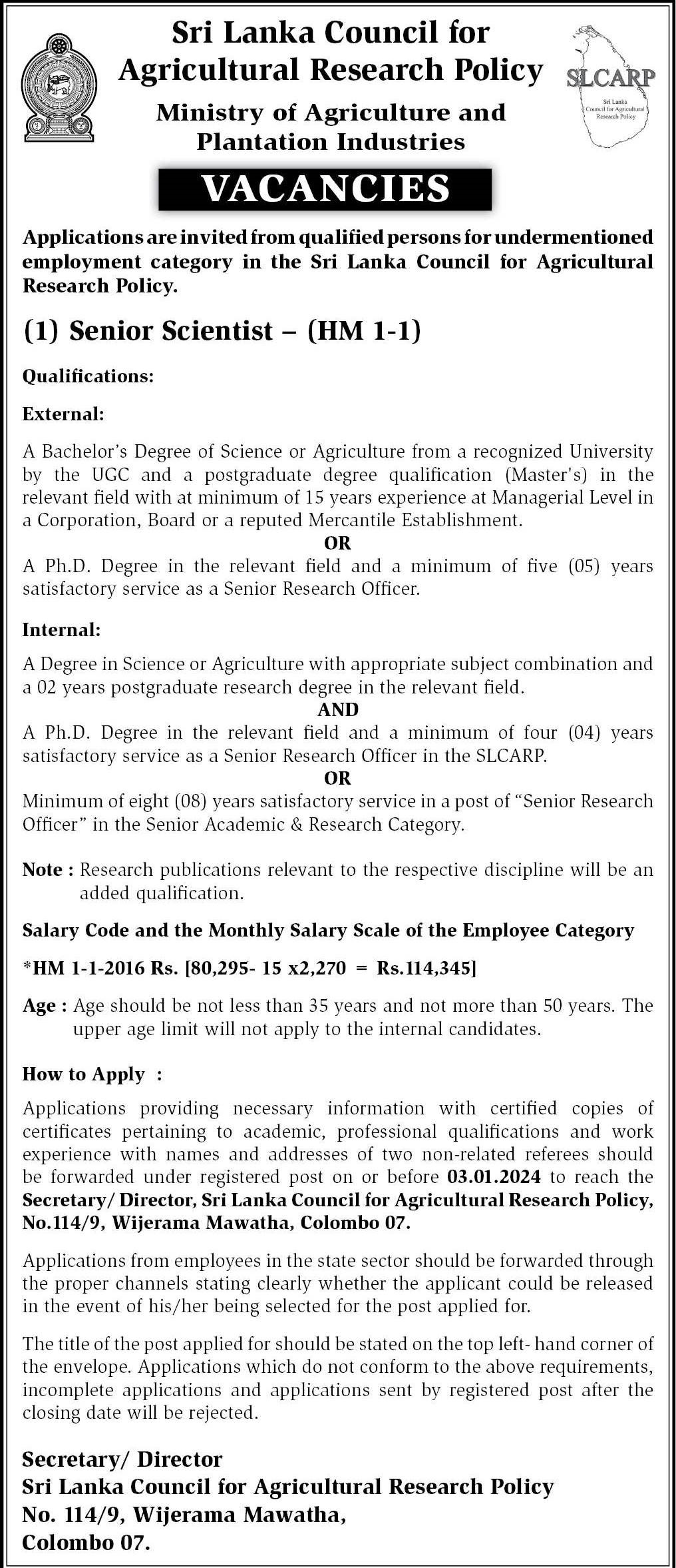 Senior Scientist - Sri Lanka Council for Agricultural Research Policy