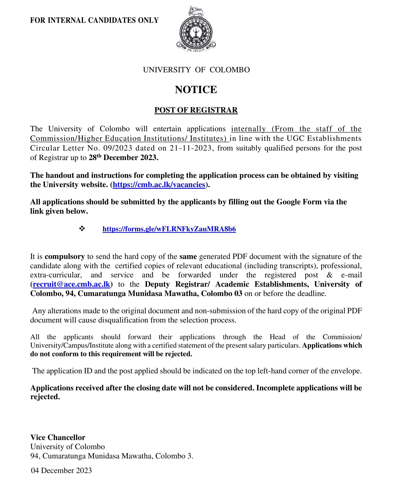 Registrar - University of Colombo 