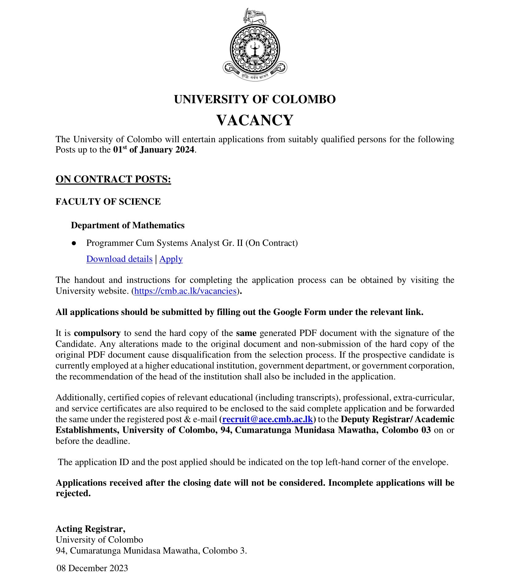 Programmer/Systems Analyst - University of Colombo