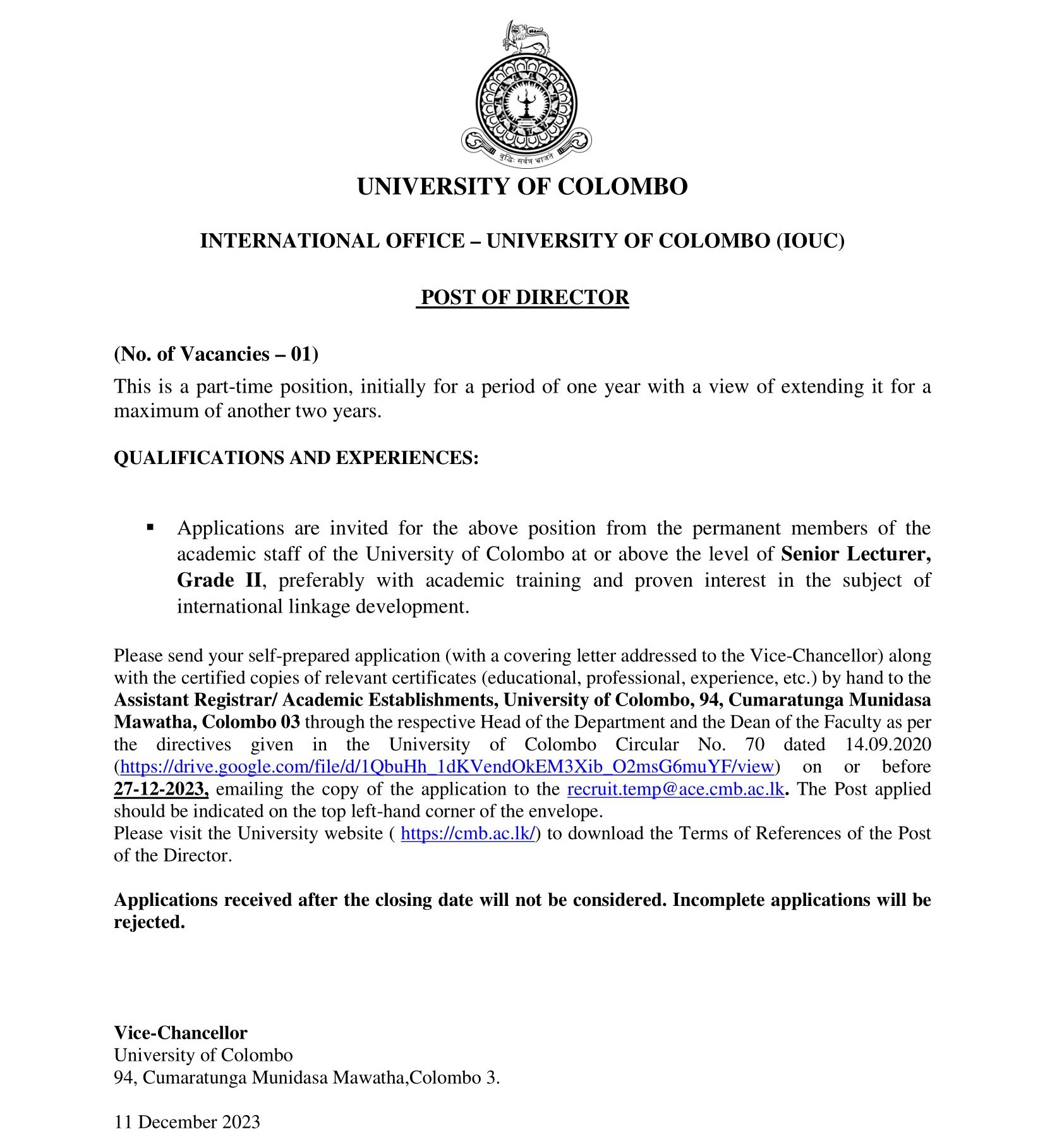 Director - University of Colombo