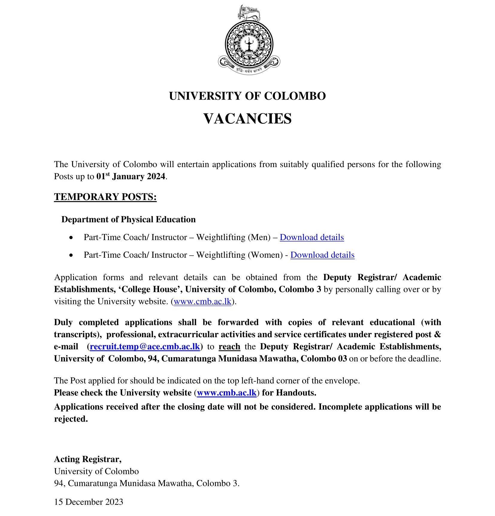 Coach/Instructor - University of Colombo