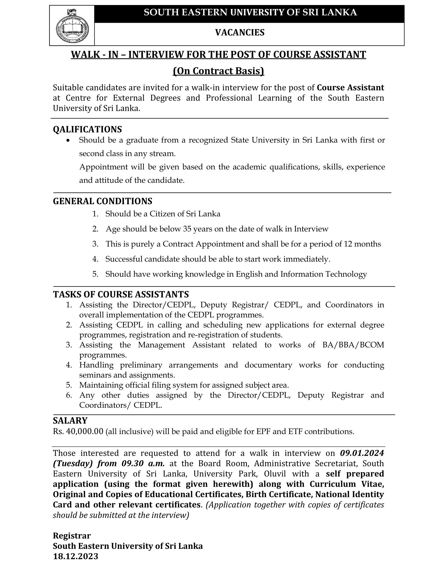 Course Assistant - South Eastern University of Sri Lanka 