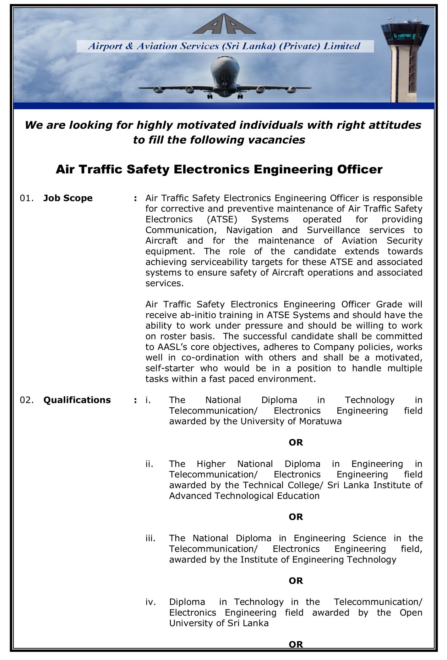 Air Traffic Safety Electronics Engineering Officer - Airport & Aviation Services (Sri Lanka) (Private) Limited