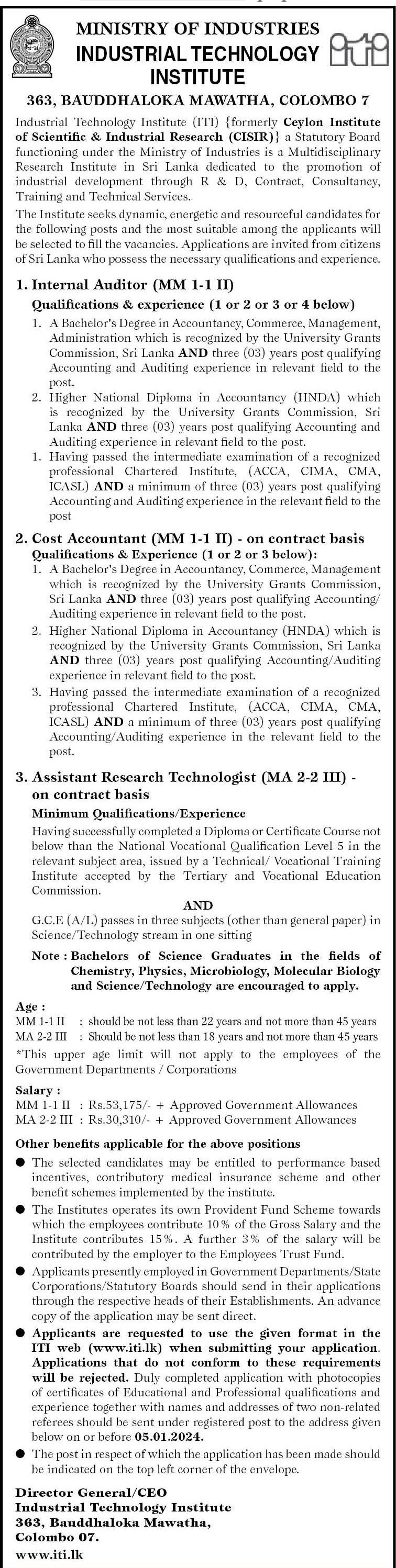 Internal Auditor, Cost Accountant, Assistant Research Technologist - Industrial Technology Institute