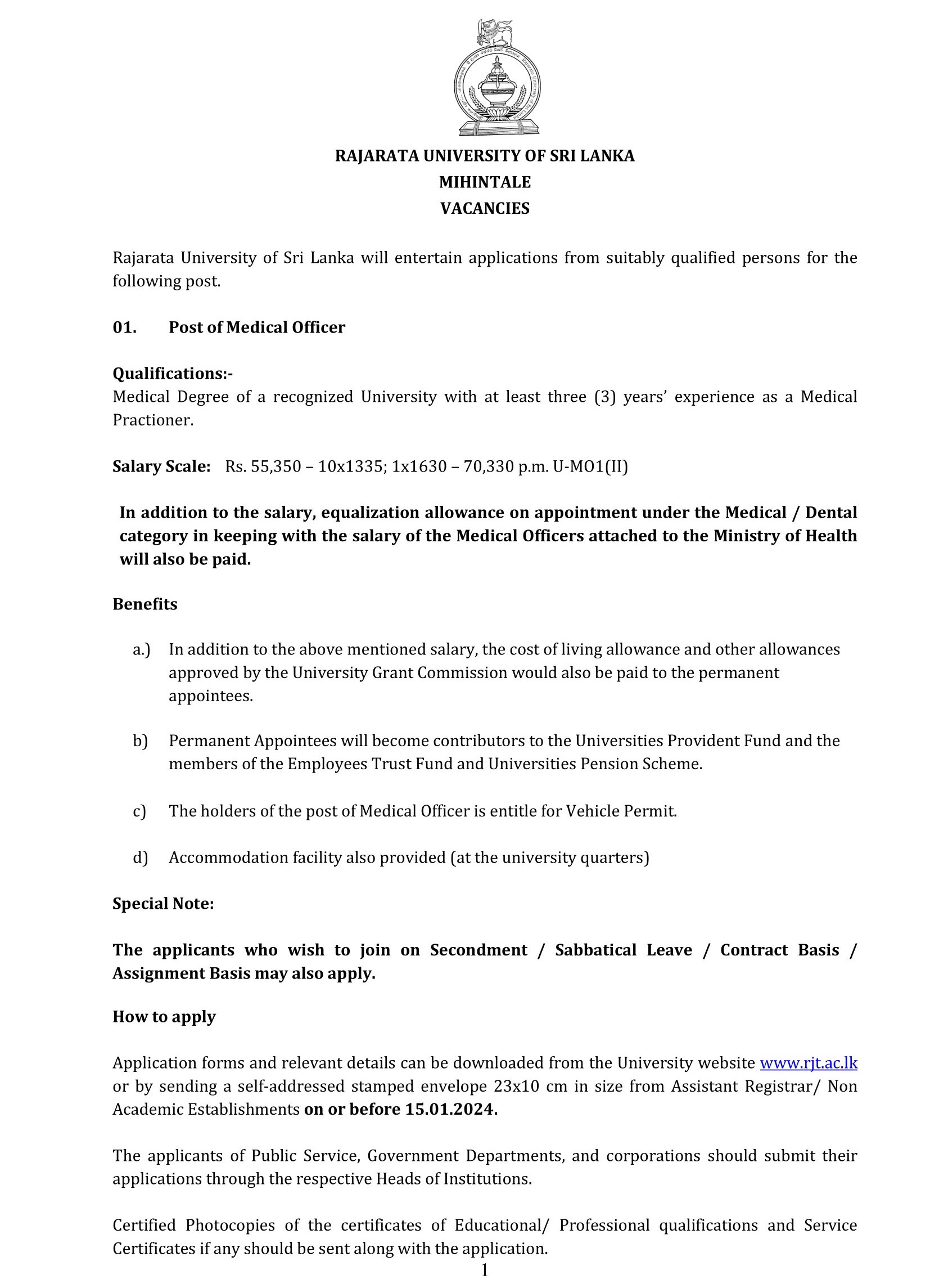 Medical Officer - Rajarata University of Sri Lanka