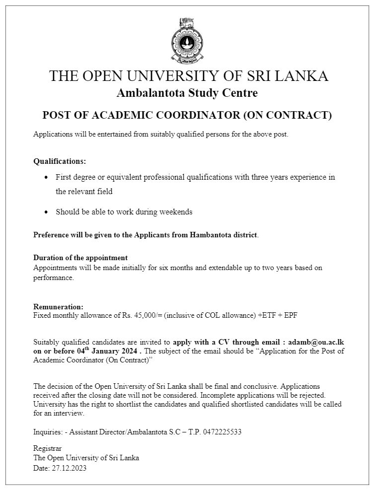 Academic Coordinator - The Open University of Sri Lanka