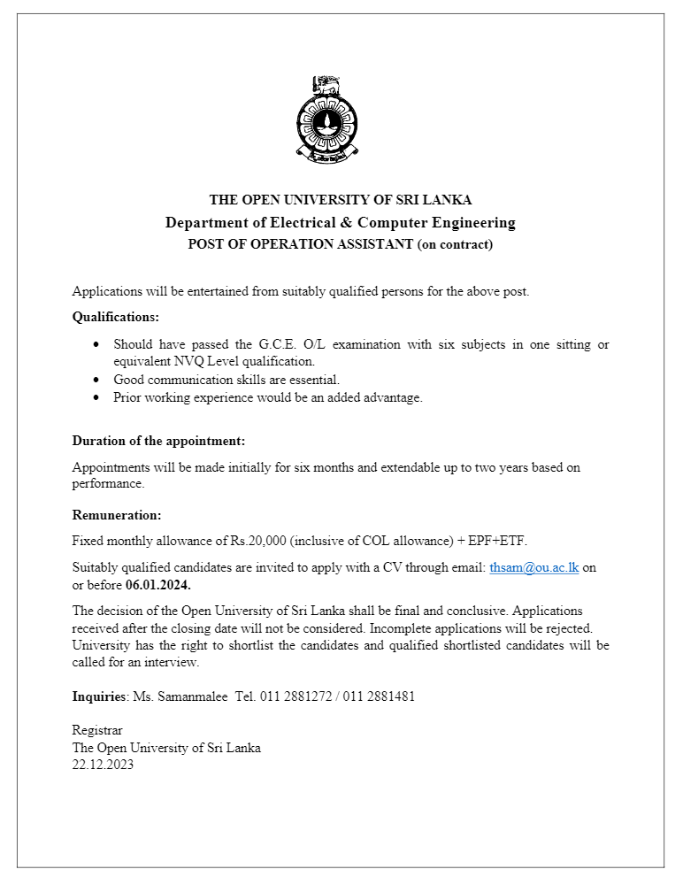 Operation Assistant - The Open University of Sri Lanka