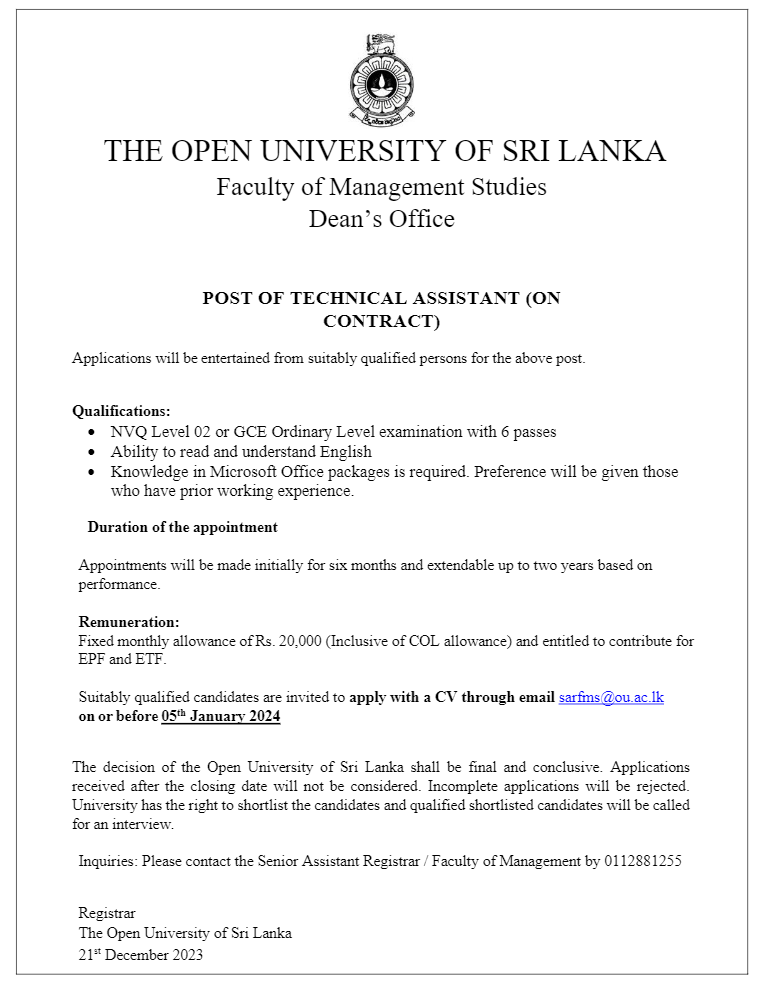 Technical Assistant - The Open University of Sri Lanka