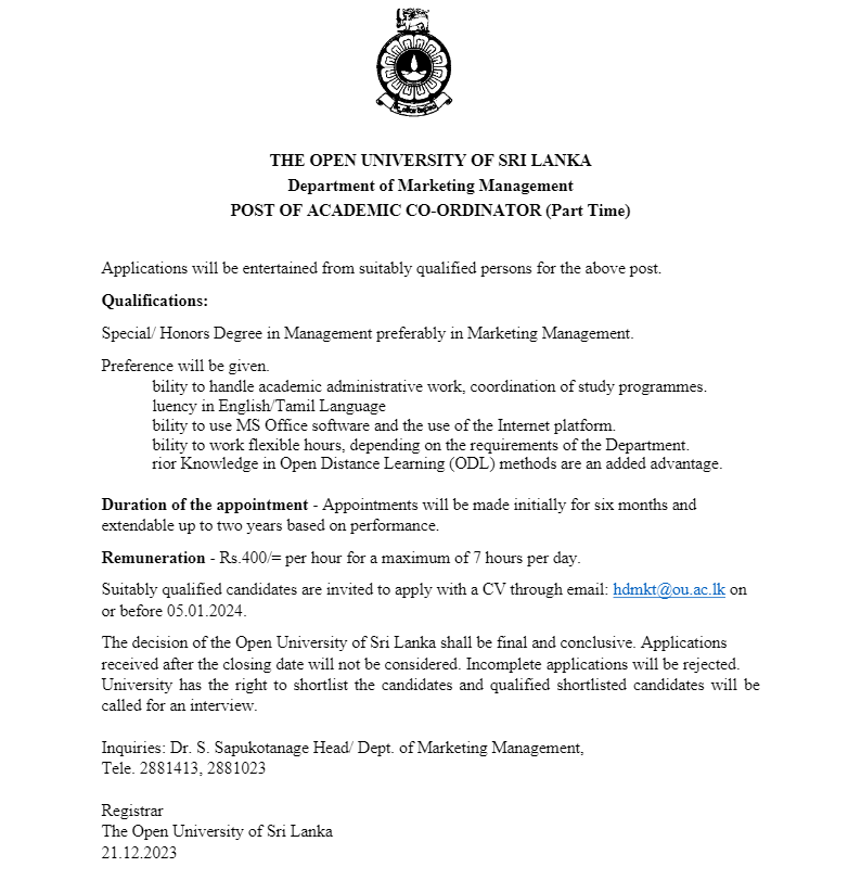 Academic Coordinator, Lecturer - The Open University of Sri Lanka