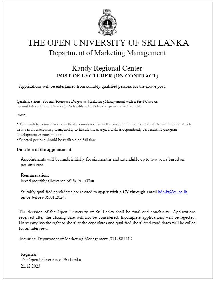 Academic Coordinator, Lecturer - The Open University of Sri Lanka