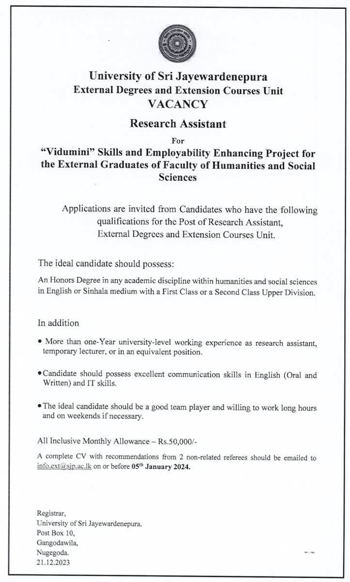 Research Assistant - University of Sri Jayewardenepura